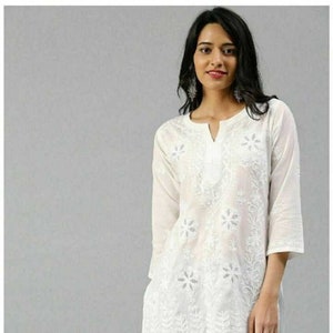 Chikankari Kurti,Handmade Kurti,Stylish Kurta Women Embroidered Cotton Linen Blend, Cotton Viscose Blend Straight Kurta (White)