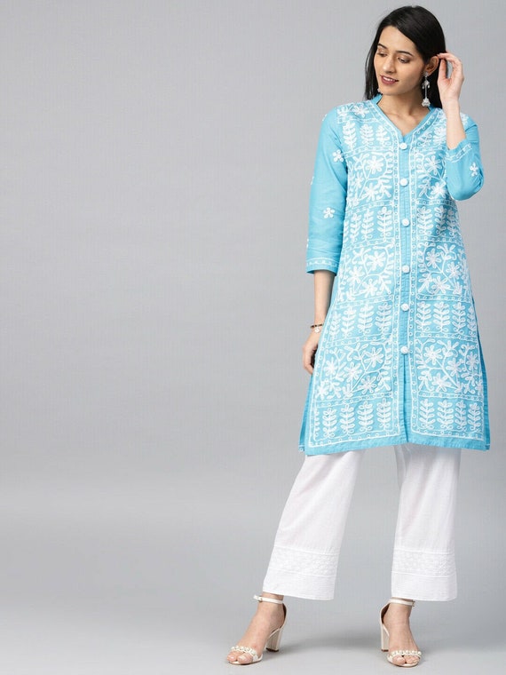 Sky blue Cotton Sequence Straight Kurti With Pant And Dupatta | Leemboodi