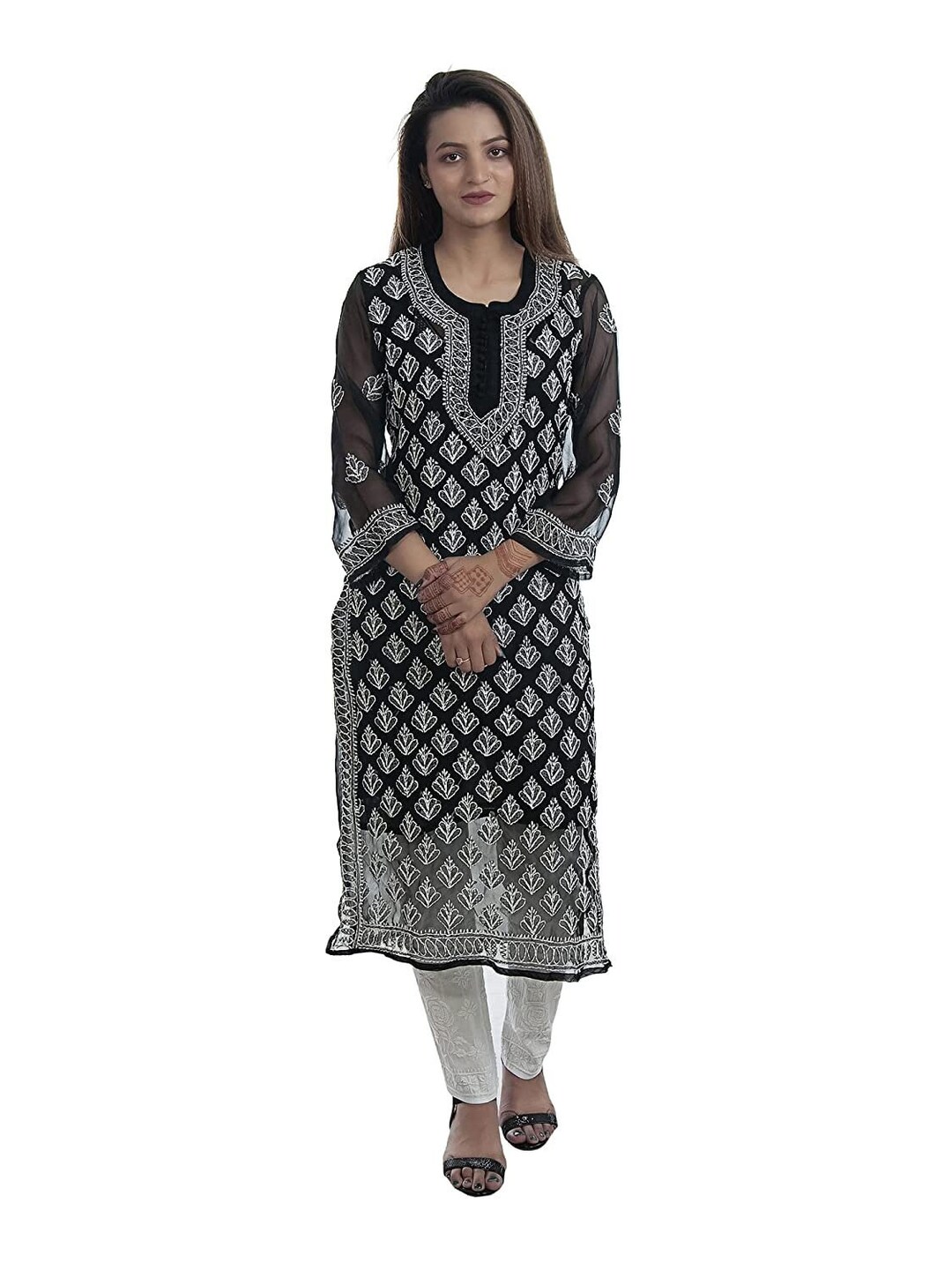 Buy Off White N Black Georgette Jacket Style Kurti Festive Wear Online at  Best Price | Cbazaar