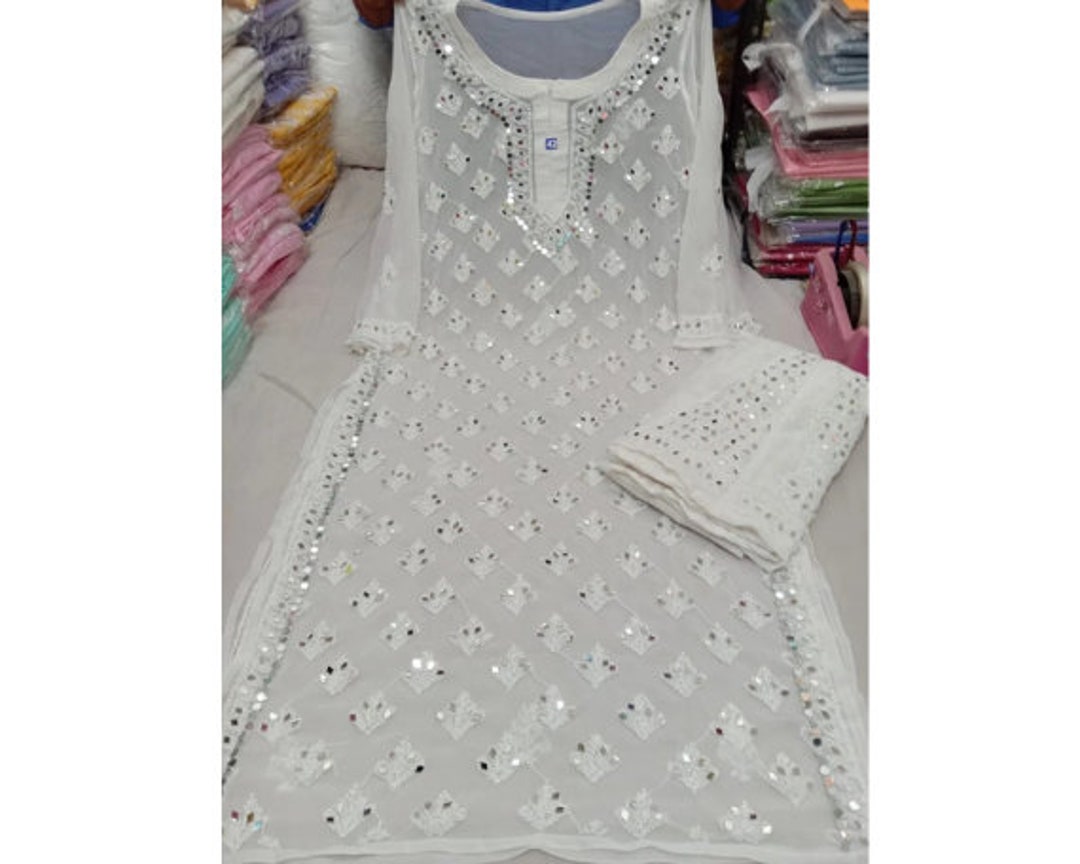 White Chikankari Kurti Hand Embroidered Women Long Mirror Work Kurta