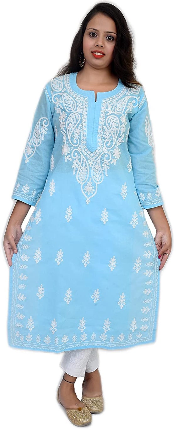 Ada Hand Embroidered Blue Cotton Lucknow Chikan Women Kurta - A207970 - Ada  - 3551324