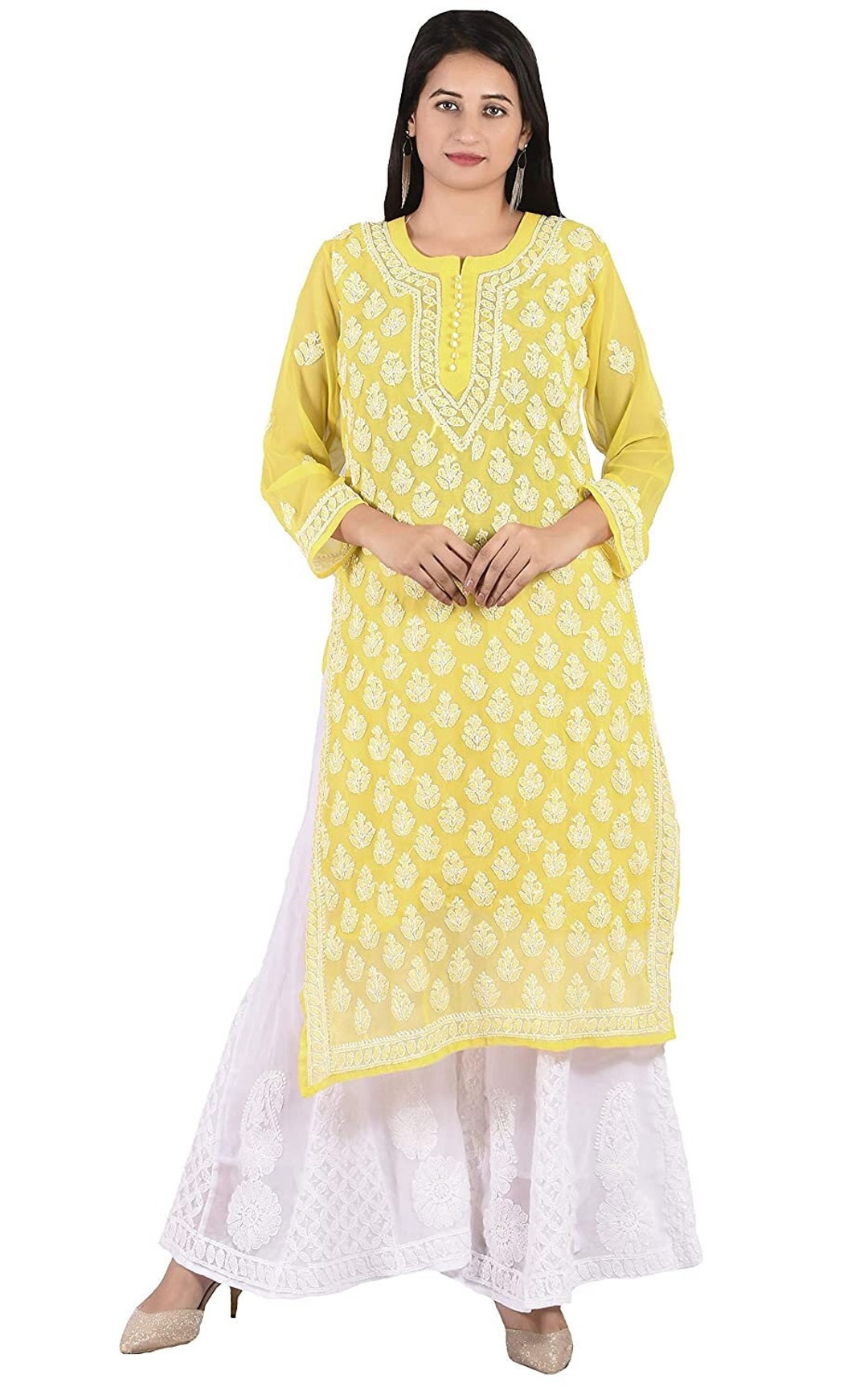 Lucknowi Chikankari Yellow Kurti for Women Women Etsy