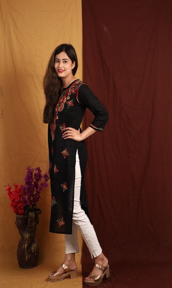 Buy Ada Hand Embroidered Black Georgette Lucknowi Chikankari Straight Kurti  With Slip A911355 Online at Best Prices in India - JioMart.