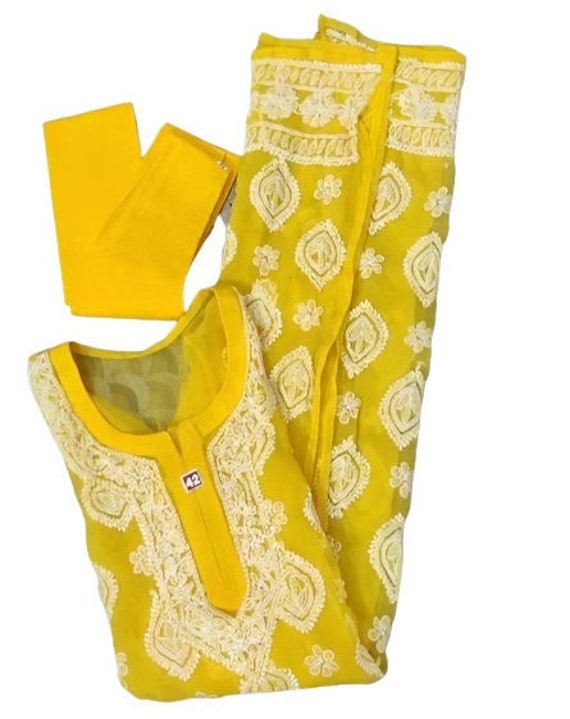 Women Chikan Embroidery Cotton Blend A-line Kurta (Yellow)