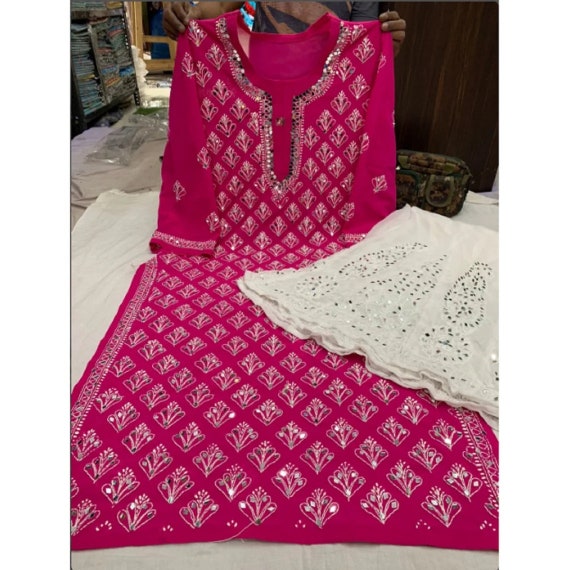 Rubellite Indian Handmade Embordered Work Solid Rayon Ethnic Bollywood  Designer Flared Gown Anarkali Bridal Gift Dress Kurta Kurti (S) White at  Amazon Women's Clothing store