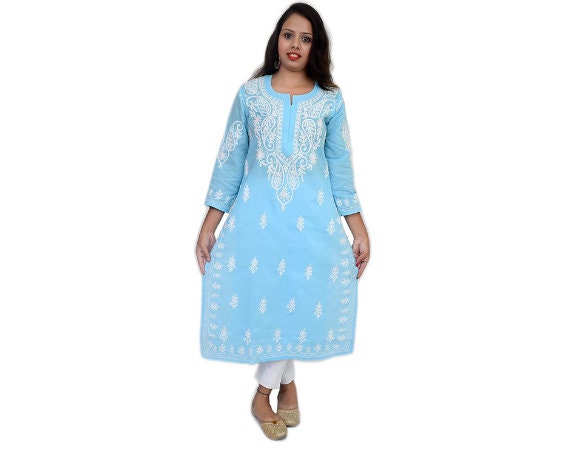 Light Blue Georgette Straight Lucknowi Chikankari Ethinic Wear Kurta -  Ratan Sarees