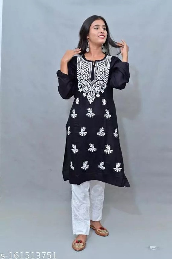 Handmade Cotton Kurti Women Chikan Embroidery Pure Cotton Straight Kurta &  kurtis and White Pant Embroidery Handmade Work kurti/kurta