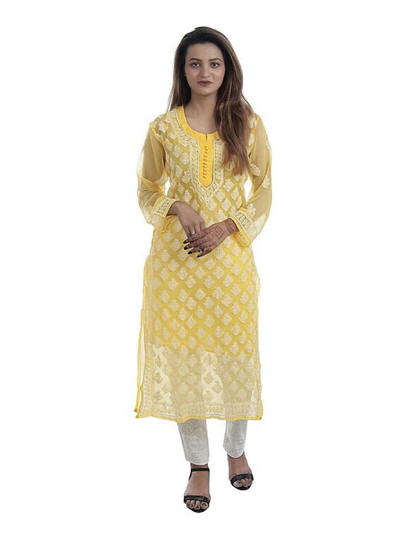 Lucknow Chikan Emporium Hand embroided cotton Chikankari Kurti yellow