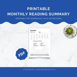 Printable Monthly Reading Summary, Reading Tracker, Printable Planner Page, Planner Insert, Reading Template, Reading Log, Printable Tracker