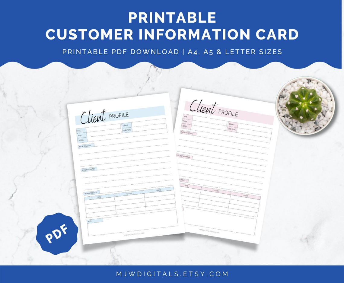 Client Profile, Customer Information Card, Printable Client Profile ...