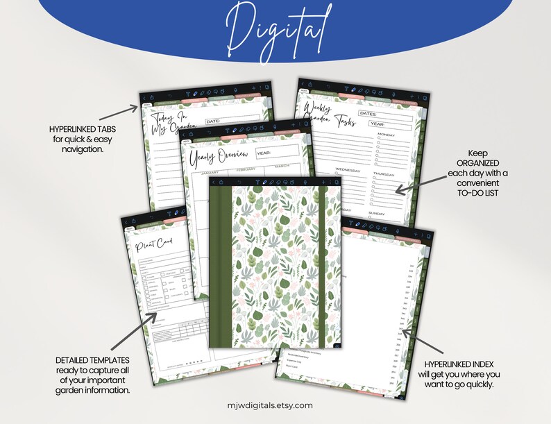 May include: Digital planner with a green and white floral pattern cover. The planner includes tabs for quick navigation, a weekly overview, a to-do list, and a plant card template.