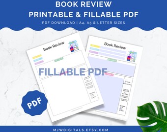 Könnte beinhalten: Druckbare und ausfüllbare PDF-Vorlage für Buchrezensionen in den Formaten A4, A5 und Letter. Die Vorlage verfügt über ein farbenfrohes Design mit einer Cartoon-Illustration einer Person, die ein Buch liest. Der Text "Book Review" befindet sich oben auf der Seite, und die Vorlage enthält Abschnitte für Titel, Autor, Genre, Charaktere, Schauplatz, Handlung und mehr.