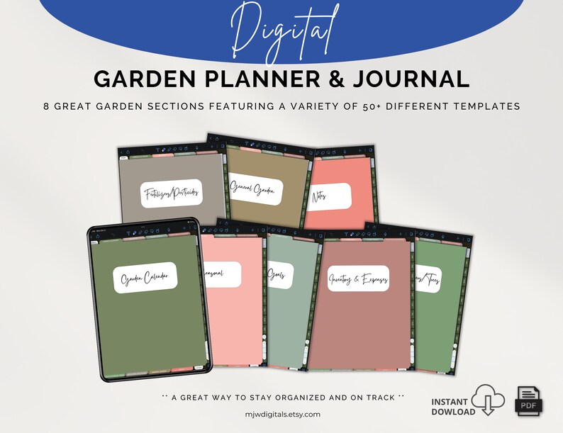 May include: Digital garden planner and journal with 8 sections and over 50 templates. The planner includes sections for garden calendar, planting and expenses, notes, and more.  A great way to stay organised and on track.  Instant download PDF.
