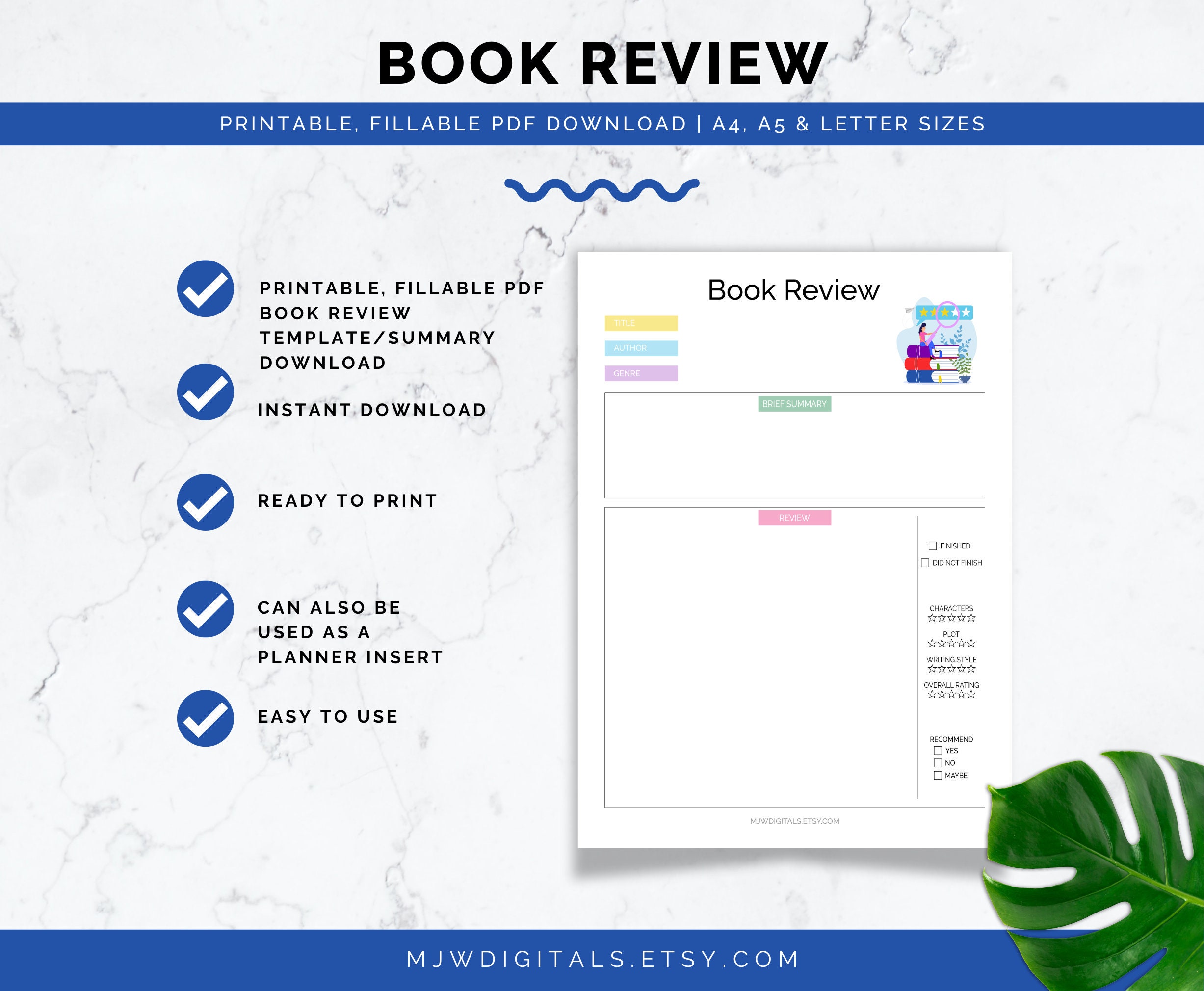 Book Review Template, Fillable PDF, Reading Log (digital Download) - Etsy