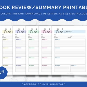 Book Review, Book Summary, Printable Template, Reading Tracker, Reading Template, Book Review Tracker, Book Review Template, Multi Colors