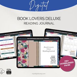 May include: Digital download of a book lovers deluxe reading journal with a floral pattern cover. The journal includes a planned index, monthly reading log, and a section for books read this month. It features 230+ hyperlinked pages.