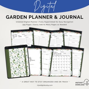 May include: A digital garden planner and journal with a green and white floral pattern on the cover. The planner is undated and includes 399 pages. It is fully hyperlinked for easy navigation and allows you to easily add as many pages as needed.