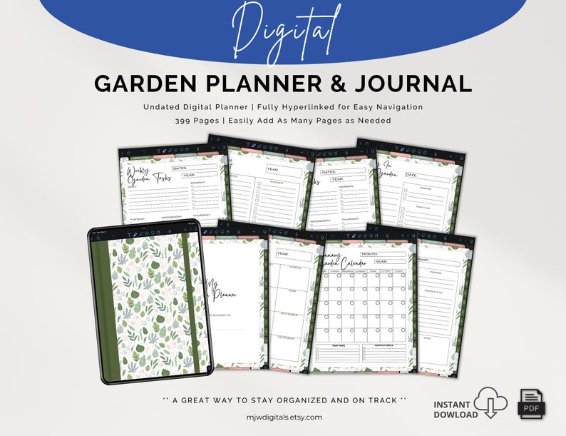 May include: A digital garden planner and journal with a green and white floral pattern on the cover. The planner is undated and includes 399 pages. It is fully hyperlinked for easy navigation and allows you to easily add as many pages as needed.