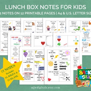 Lunchbox Notes for Kids, Printable, 72 Lunch Notes for Kids, Motivational Cards for Kids, Back to School, Jokes and Kids Inspirational Notes