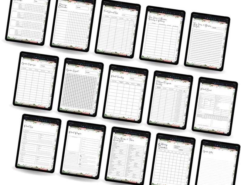 May include: A set of printable digital planner pages for gardening. The pages include sections for garden expenses, plant log, plant papers, fruit harvest log, watering schedule, and more.