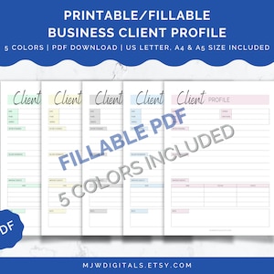 Client Profile, Customer Information Card, Printable, Fillable PDF, Customer Profile Card, Client Tracker, Client Info Cards, 5 Colors