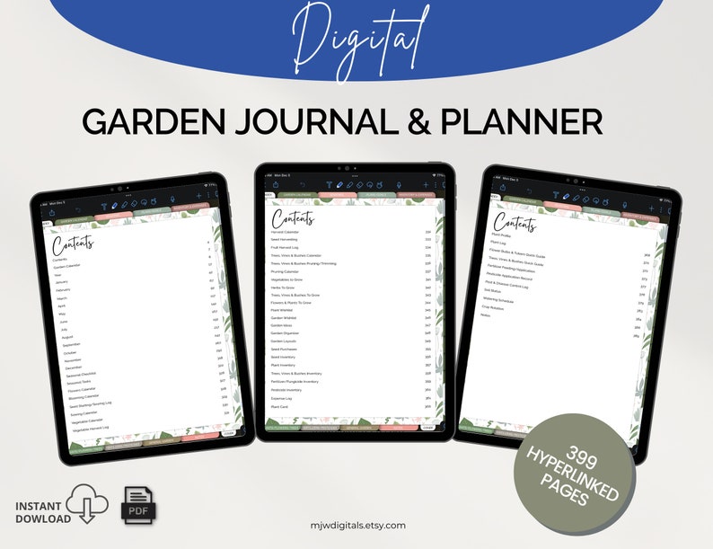 May include: A digital garden journal and planner with a floral design on the cover. The journal has 399 hyperlinked pages and is available as an instant download in PDF format.