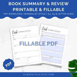 Book Review Template, Reading Summary, Book Lovers Printable, Fillable PDF, Reading Review, Reading and Book Tracker, Book Log, Minimalist