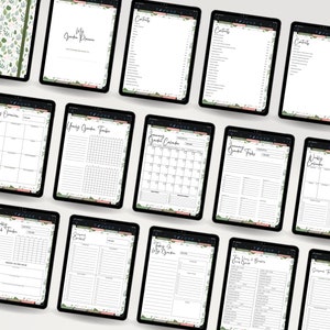 May include: A digital planner with a floral design on the cover. The planner includes pages for yearly goals, monthly calendars, weekly task trackers, and more.