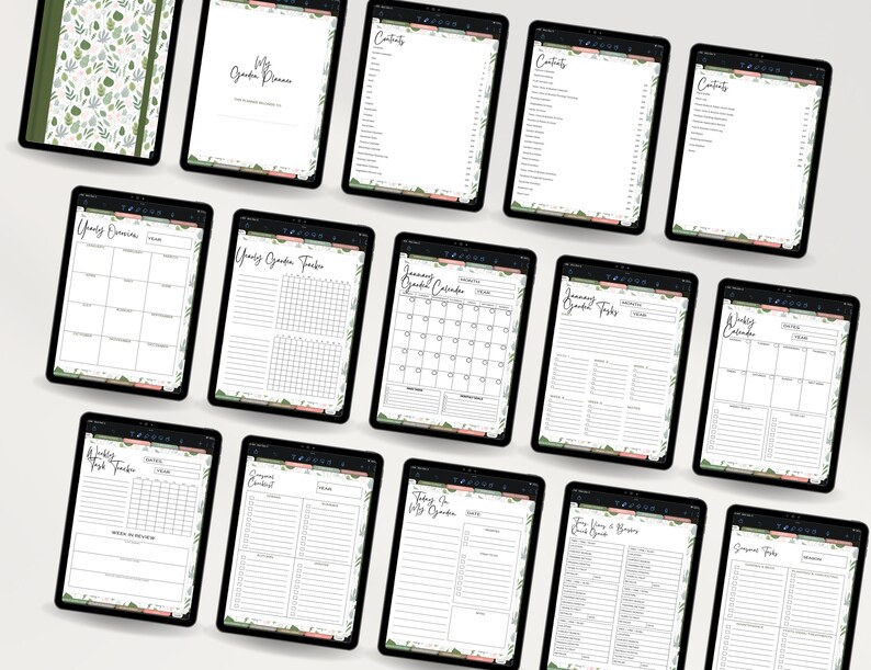 May include: A digital planner with a floral design on the cover. The planner includes pages for yearly goals, monthly calendars, weekly task trackers, and more.