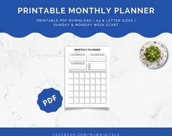 May include: Printable monthly planner in black and white with a calendar grid, space for notes, and the text "MONTHLY PLANNER". The planner is available in A4 and letter sizes and starts with Sunday.