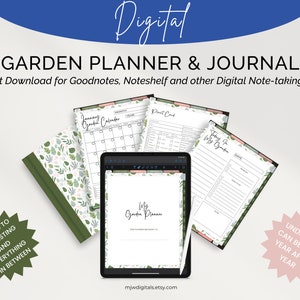May include: Digital garden planner and journal with a floral design. The planner includes a monthly calendar, plant list, and daily journal pages. The text "My Garden Planner" is visible on the cover.