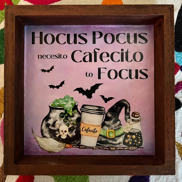 Hocus Pocus Necesito Cafecito om te focussen Mini houten bord 5 "x 5"