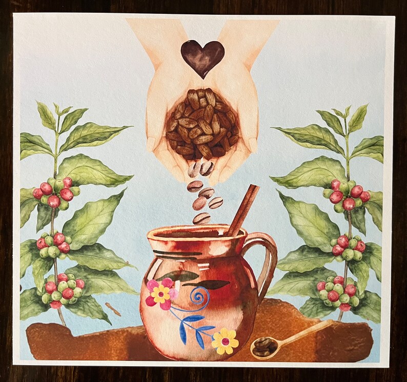 May include: A watercolor painting of a brown clay pot with a floral design. The pot is filled with coffee beans and has a wooden handle. The painting also features two coffee branches with red berries and a heart-shaped design.