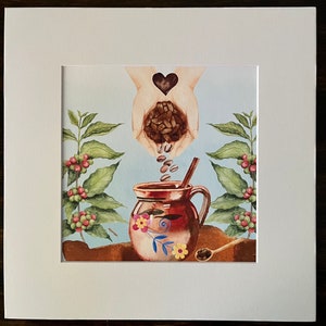 May include: A watercolor painting of a brown clay pot with a floral design, filled with coffee beans. Coffee beans are falling from a hand holding a heart-shaped object. Green coffee branches with red berries are on either side of the pot.