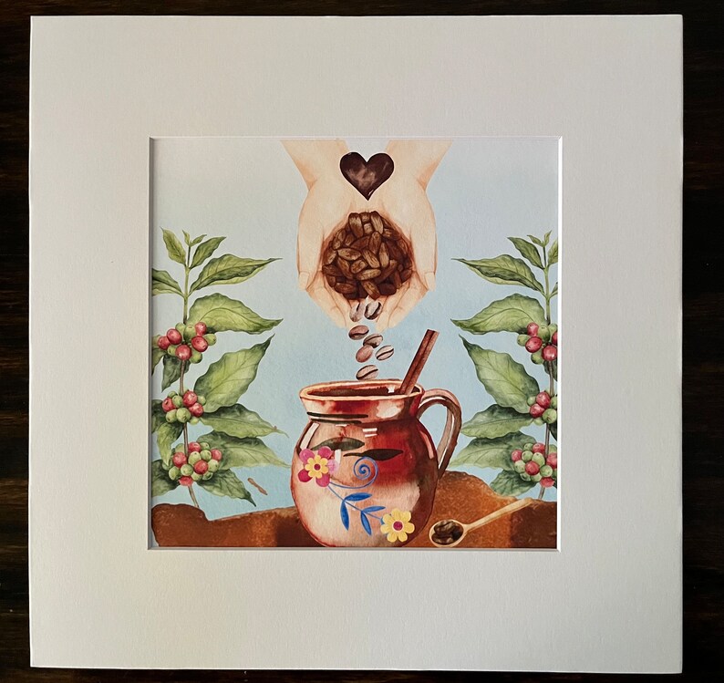 May include: A watercolor painting of a brown clay pot with a floral design, filled with coffee beans. Coffee beans are falling from a hand holding a heart-shaped object. Green coffee branches with red berries are on either side of the pot.