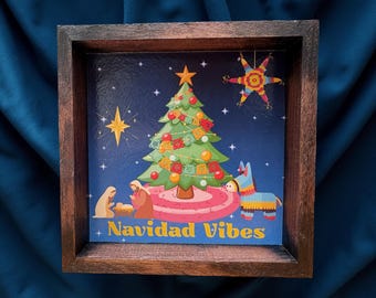 Navidad Vibes Mini Wood Sign 5” x 5”, Mexican Christmas Decor, Latino Holiday Art, Folk Art Nativity, Mexican Home Decor