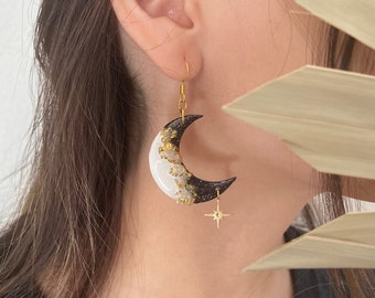 Geode moon dangles earrings / Clay geode black and white earrings with star charm / Holiday earrings