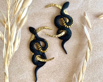 Black clay snakes / Black and gold snake earrings / gold moon charm / Polymer clay snakes jewelry / handmade hand painted Statement jewelry