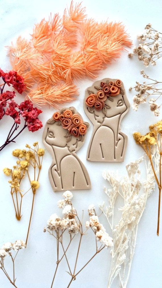 Line art clay earrings polymer clay female with flowers clay line art earrings polymer clay earrings tiny flowers dangle earrings