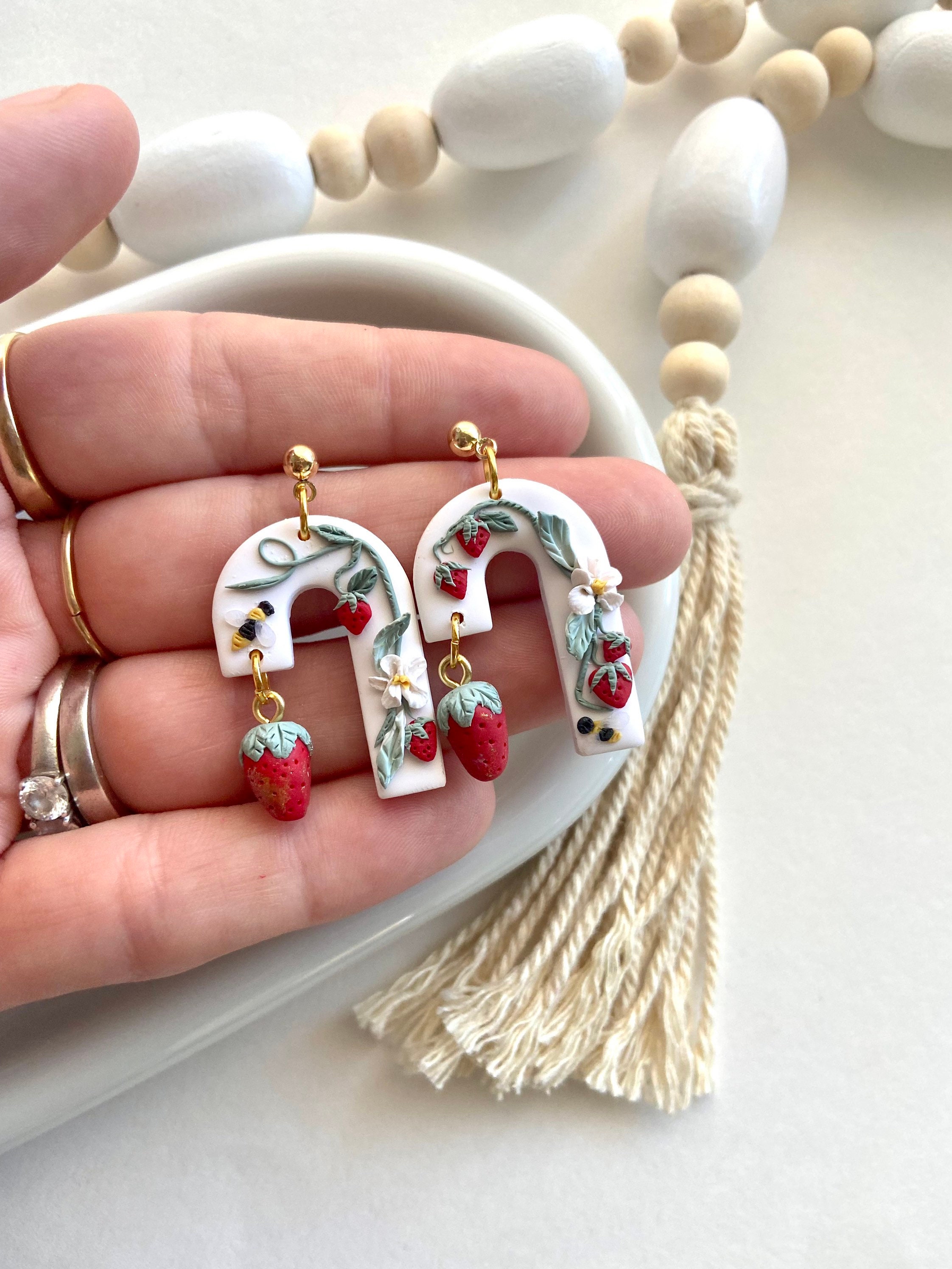 Polymer clay strawberry dangles / arch clay earrings / strawberry bead earrings / Dangle fruit earrings / bee clay earrings / Boho earrings