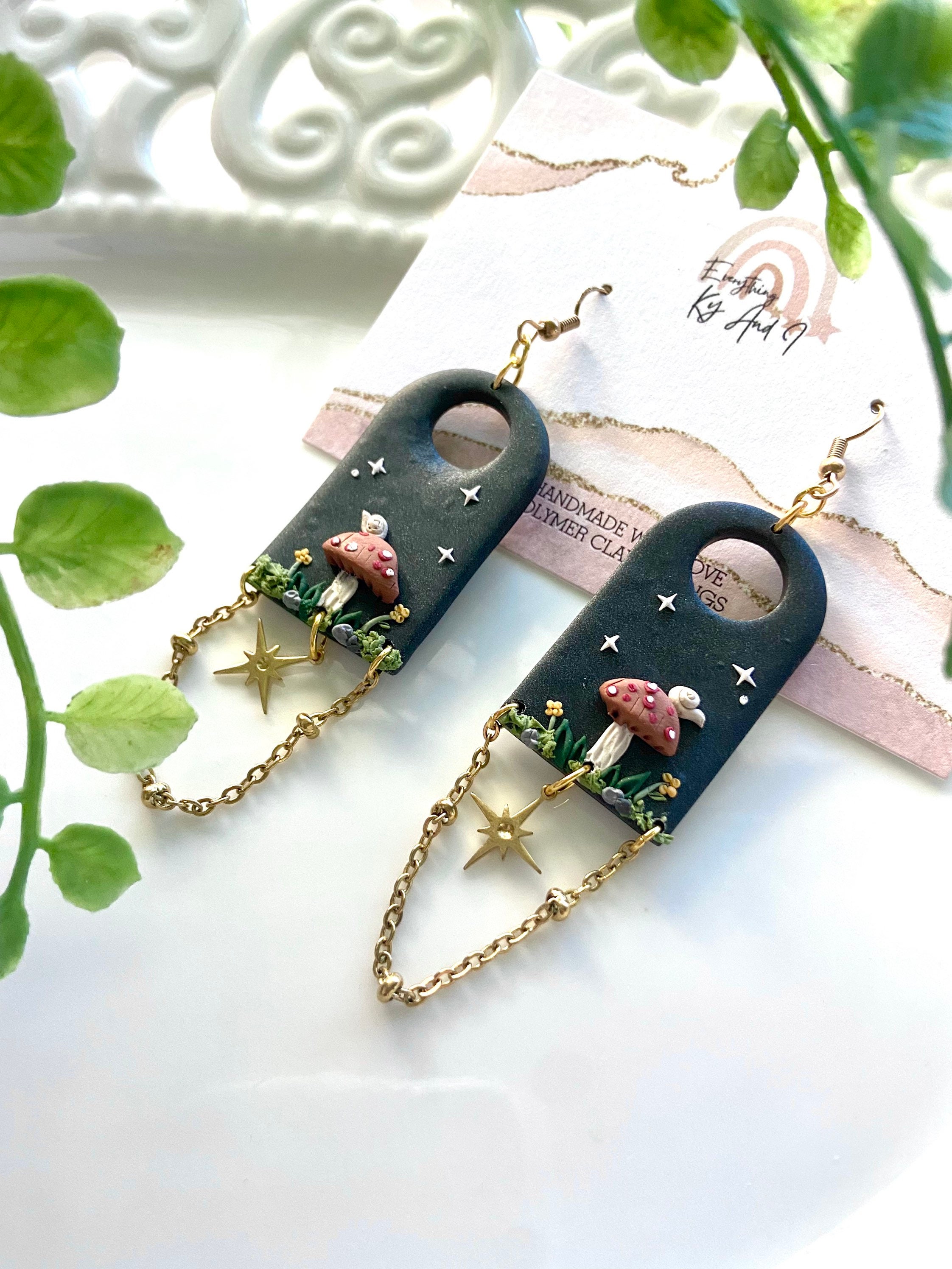 Moody mushroom dangle clay earrings / Mushroom earrings /clay mushroom earrings / Handmade clay earrings / Snail earrings / Cottage Core