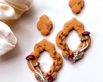 Cottage Core Mushroom Dangle Earrings, Mustard Clay with Gold Vines