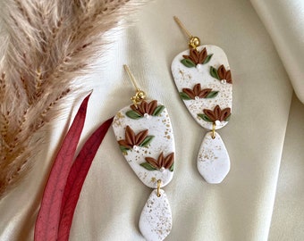 Handmade Polymer Clay Dangle Earrings, Boho Floral Design