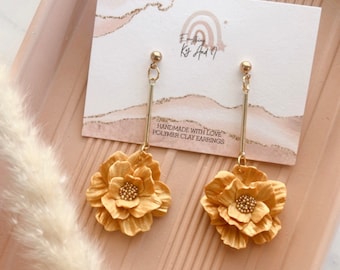 Handmade Boho Floral Clay Dangle Earrings, Hypoallergenic