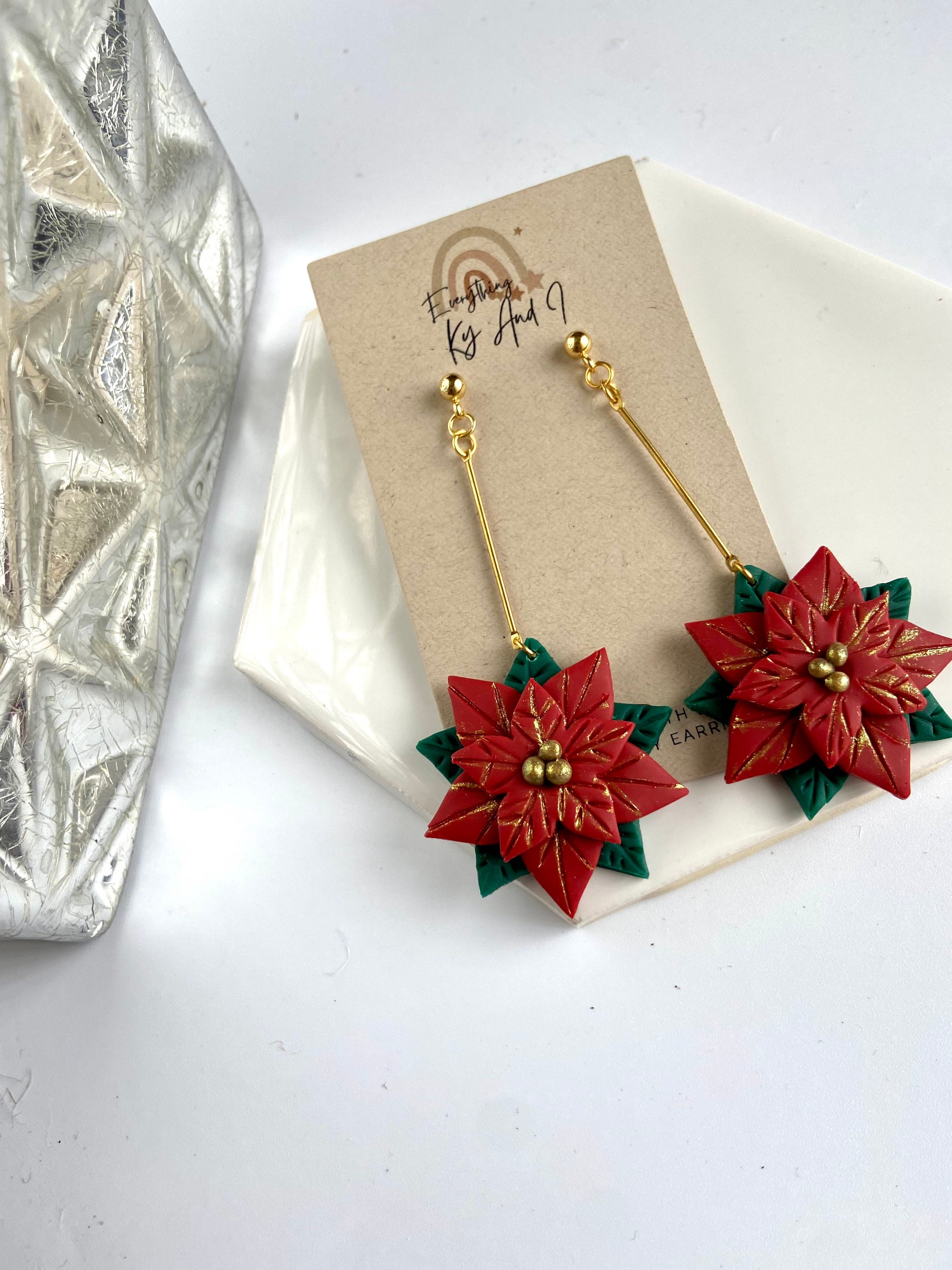 Dangle Poinsettia Clay Earrings Handmade and Hand Painted