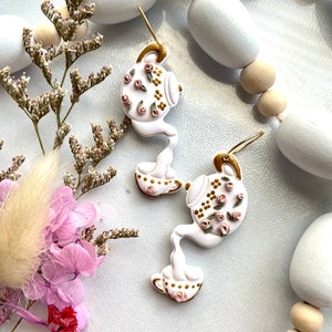Teapot teacup clay hoop dangles / Teapot earrings / Tea cup earrings / Polymer clay earrings / Tiny floral earrings /Clay