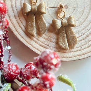 Gold sparkle Bow dangle earrings, Holiday gifts, Polymer clay earrings / Handmade gifts, Christmas Earrings , festive earrings, Christmas