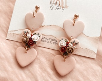 Tiered Heart Clay Dangle Earrings, Floral Valentine's Gift