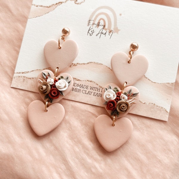 Three tiered heart florals / dangle earrings/ clay earrings / heart earrings / valentines / valentines gift / valentines heart earrings