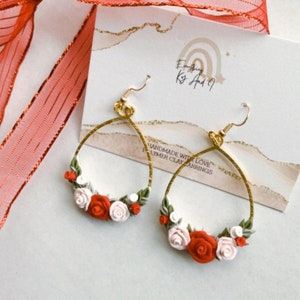Floral clay rose earrings / teardrop hoop earrings / valentines hoop clay earrings / ting rosé jewelry/ boho / gifts for her
